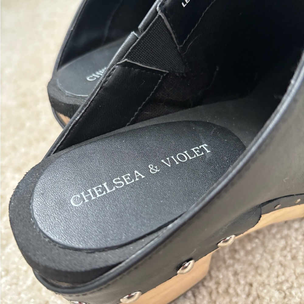 Chelsea & Violet Black Leather Clog Mules with Wooden Platform Heel - Picture 5 of 10